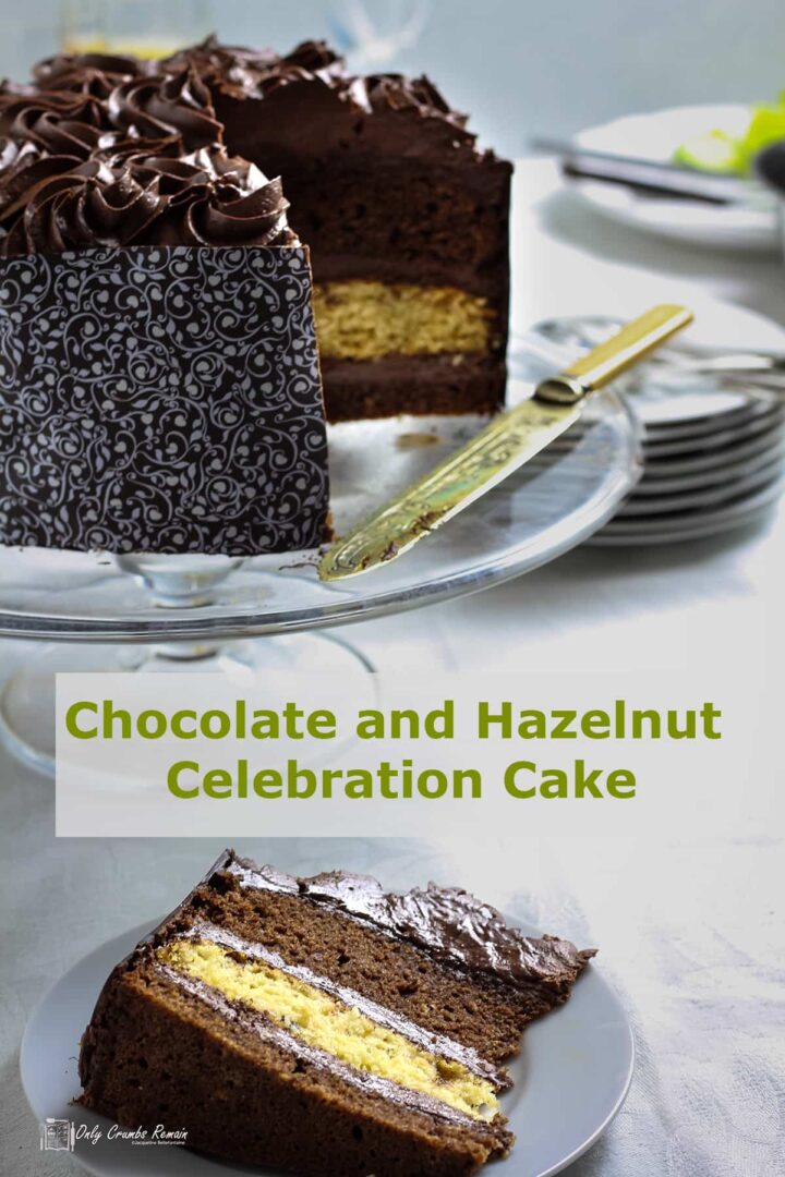 chocolate and hazelnut cake on stand with slice on plate.