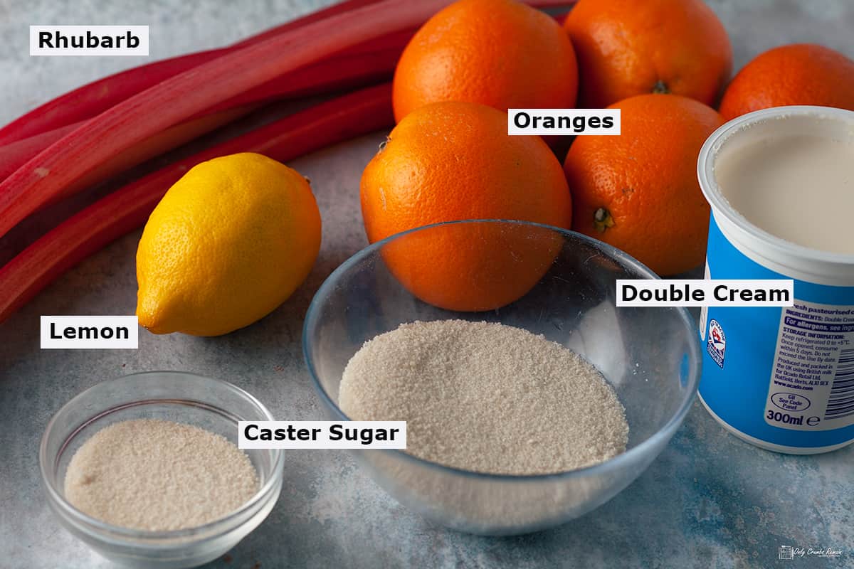 ingredients to make orange posset with rhubarb compote