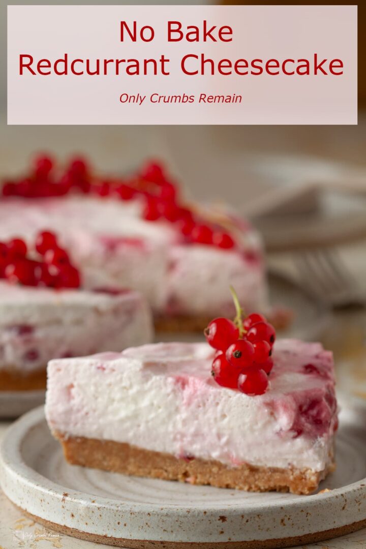 slice of redcurrant cheesecake on tea plate with remaining cake behind.