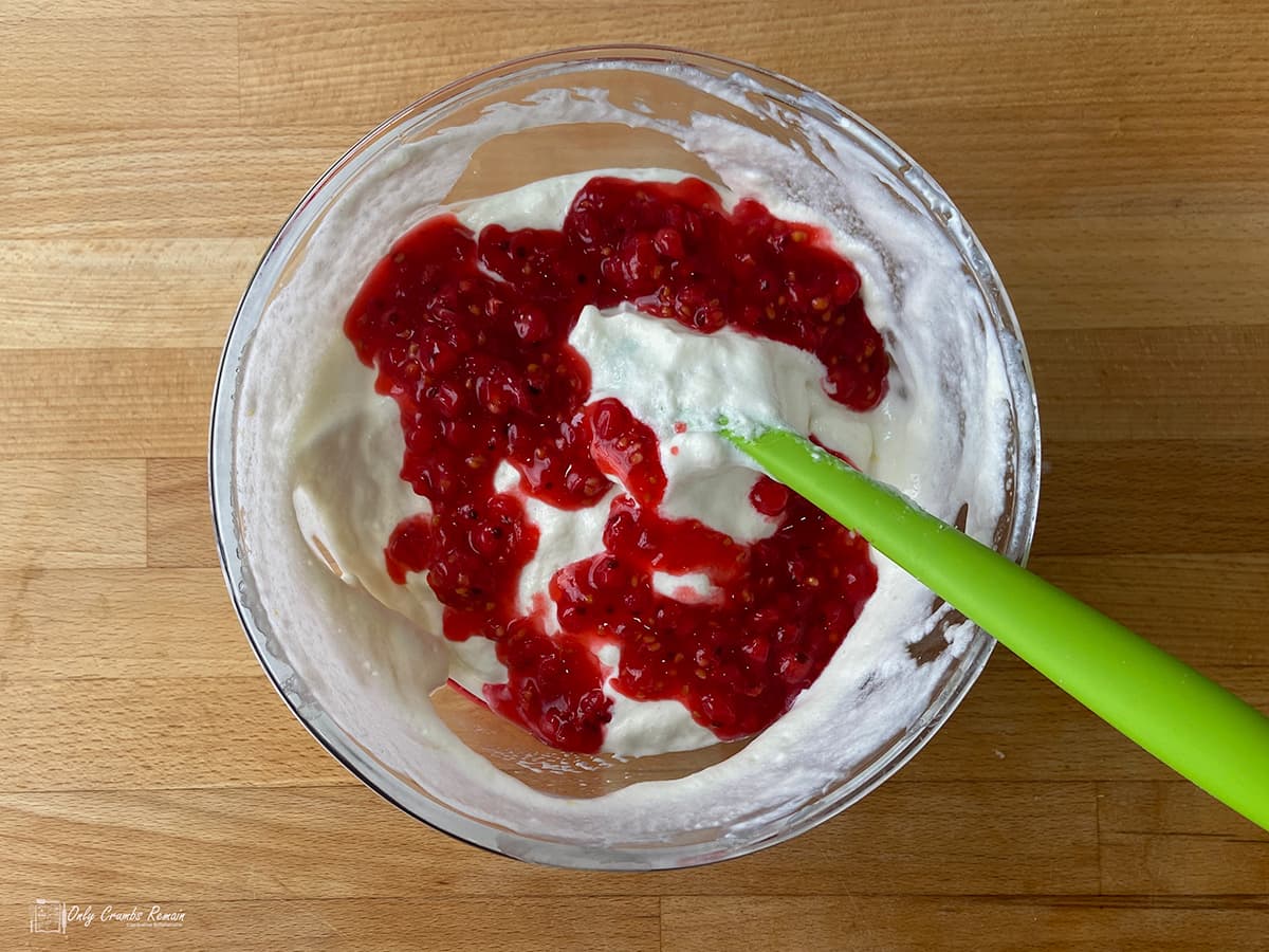 redcurrant ripple added to cream cheese mixture.