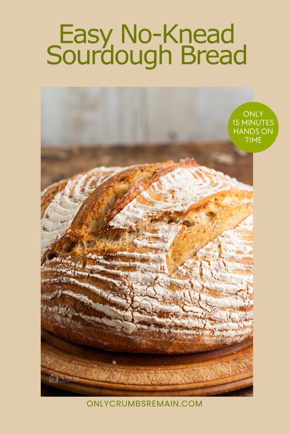 Easy no knead sourdough loaf on wooden board.