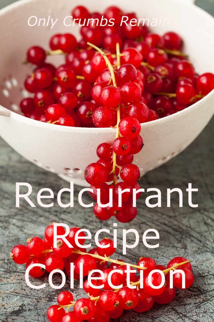 colander of redcurrants with stems of redcurrants spilling over.