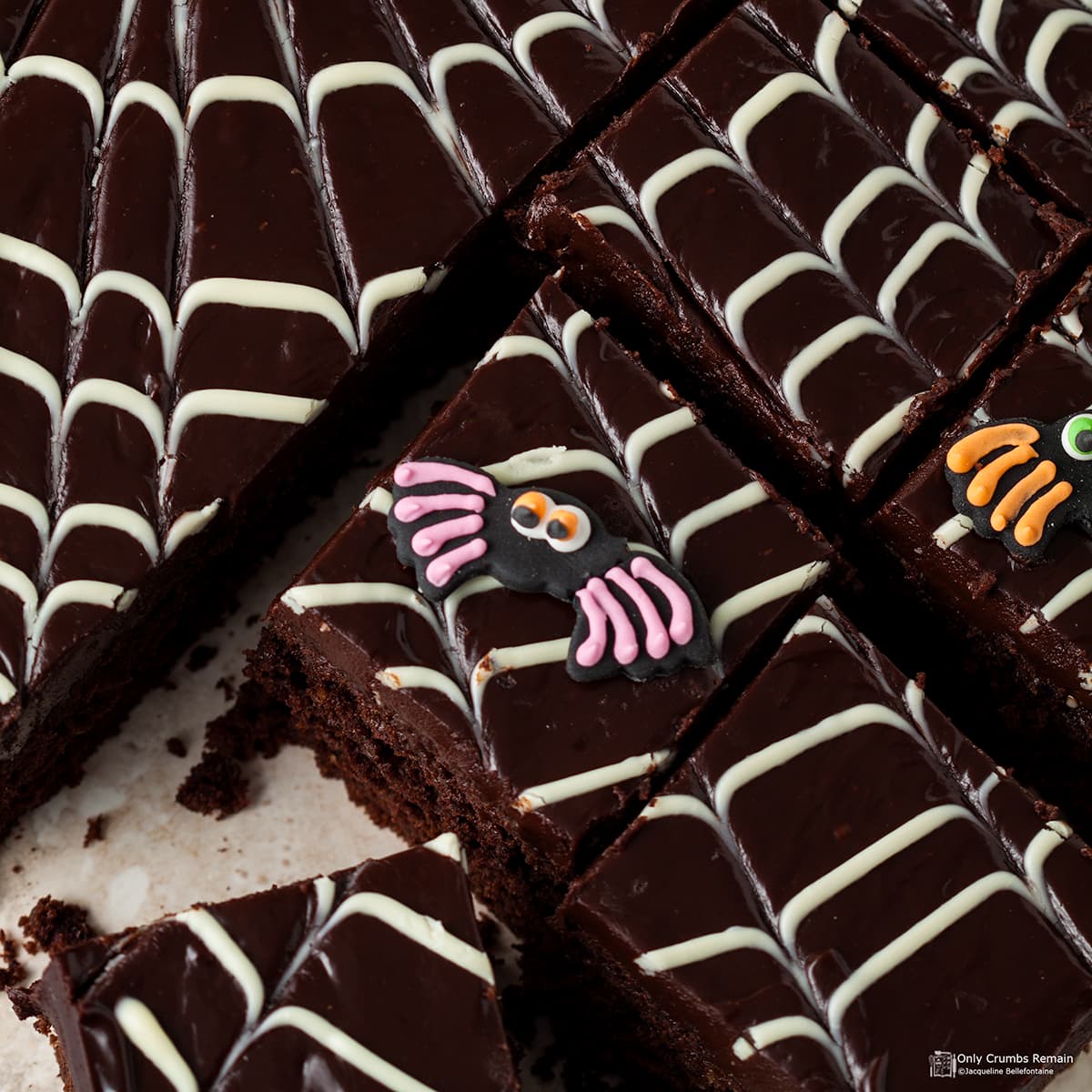 Devils food cake cut into portions
