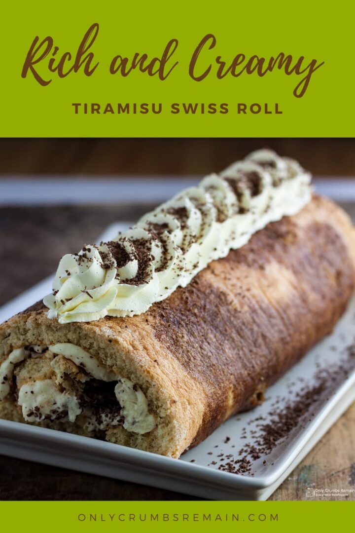 tiramisu swiss roll cake on a white plate.