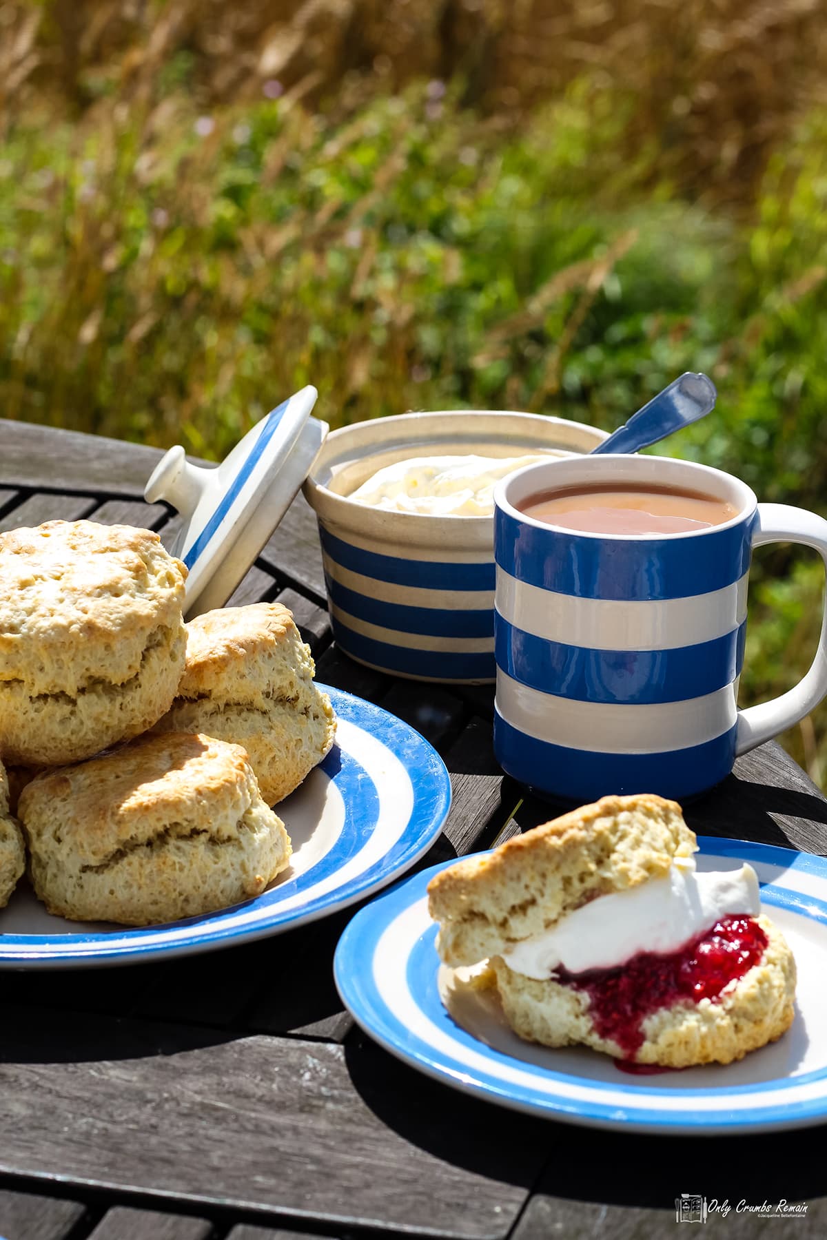 Garden table with a plate of plain scones, mug of tea and tea plate with a scone filled with jam and cream.