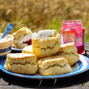 stack of scones on a plate with jam pot and cream nehind.